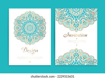 Turquoise and gold luxury invitation card design with vector ornament pattern. Vintage template. Can be used for background and wallpaper. Elegant and classic vector elements great for decoration.