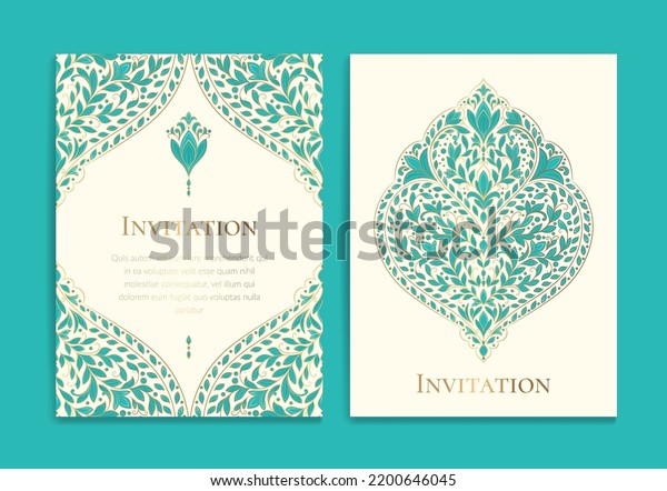 Turquoise and gold luxury invitation card\
design with vector ornament pattern. Vintage template. Can be used\
for background and wallpaper. Elegant and classic vector elements\
great for\
decoration.