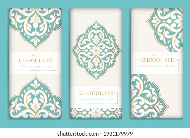 Turquoise and gold luxury packaging design of chocolate bars. Elegant vector ornament template. Great for food, drink and other package types. Can be used for background and wallpaper.
