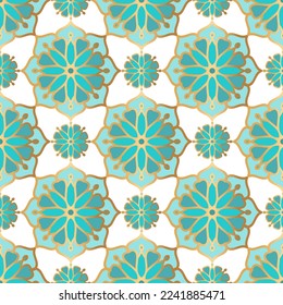 Türkisfarbene und goldene Luxus-Vektorgrafik nahtlos. Ornament, Traditionelle, ethnische, arabische, türkische, indische Motive. Ideal für Gewebe und Textilien, Tapeten, Verpackungsdesign oder jede erwünschte Idee. 