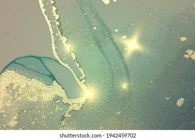 Turquoise and gold marble texture with sparkles. Abstract vector background in alcohol ink technique. Modern paint with glitter. Template for banner, poster design. Fluid art painting