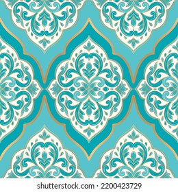 Turquoise and gold pattern with mandala ornament. Traditional Arabic, Indian motifs. Great for fabric and textile, wallpaper, packaging or any desired idea.