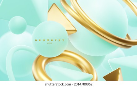 Türkisfarbene und goldene geometrische Formen. Abstrakter, eleganter Hintergrund mit Ringen, Kugeln, Pyramiden. Vektorgrafik 3D. Zusammensetzung der geometrischen Primitive. Banner- oder Zeichendesign