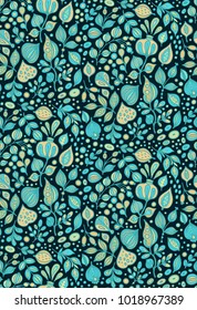 Turquoise - golden seamless vector floral pattern on dark background, scandinavian style