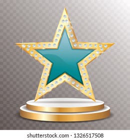 turquoise golden star with diamonds on golden podium, vector template for cosmetics, show business or something else