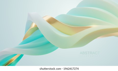 Turquoise and golden wave shape. Vector 3d illustration. Abstract background with twisted strokes. Intertwined streaming stripes. Curvy ribbons. Minimalist decoration for banner or cover design.