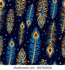 Turquoise and golden yellow colors with cold effect. Winter seamless pattern with bohemian and hippie peacock feathers. Repeat texture of wild birds with aztec indian palette.