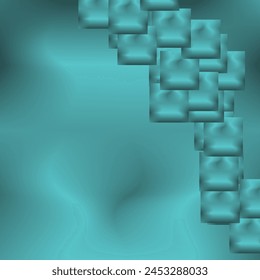 Turquoise gradient background with overlapping, translucent squares arranged in a diagonal line. Squares have a subtle metallic sheen.