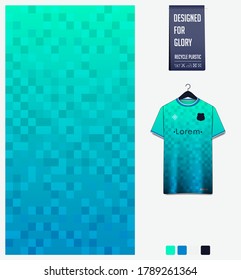 Turquoise gradient geometry shape abstract background. Fabric textile pattern design for soccer jersey, football kit, racing, e-sport, sport uniform. Front view t-shirt mockup template design. Vector