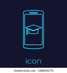 Turquoise Graduation cap on screen smartphone line icon isolated on blue background. Online learning or e-learning concept. Vector Illustration