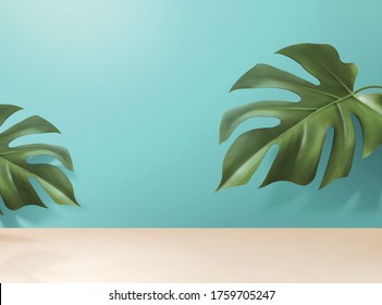 Turquoise green background decorated with monstera leaves, for product display use, 3d illustration