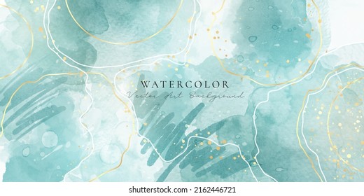 Turquoise green and cyan emerald liquid marble watercolor background with gold lines. Pastel blue elegant minimal modern canvas wallpaper with paint brush pattern. Vector illustration