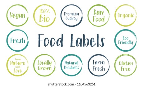 Turquoise green organic labels, eco stamps for restaurants menu, natural products packaging. Fresh raw food vegan gluten free eco friendly premium quality locally grown organic healthy food labels.