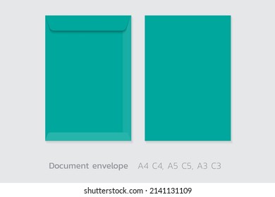 Turquoise green paper envelope mockup vector isolated on background A4 C4, A5 C5, A3 C3, business and brand identity vector templates.
