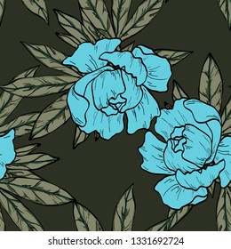 Turquoise green peonies pattern on a dark background.Floral seamless pattern with peony flowers on a dark background.