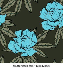 Turquoise green peonies pattern on a dark background.Floral seamless pattern with peony flowers on a dark background.