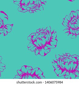 Turquoise green peonies pattern on a blue background.Floral seamless pattern with peony flowers on a dark background