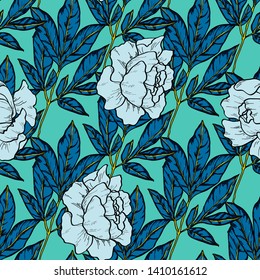 Turquoise green peonies pattern on a blue background.Floral seamless pattern with peony flowers on a dark background