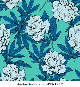 Turquoise green peonies pattern on a blue background.Floral seamless pattern with peony flowers on a dark background