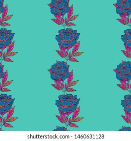 Turquoise green peonies pattern on a blue background.Floral seamless pattern with peony flowers on a dark background