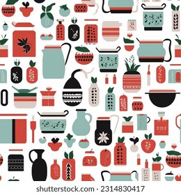 Turquoise Green Sap Terra Red Black and White Kitchen Gadgets and Fruits: Abstract Scandinavian Design Seamless Pattern
