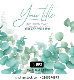 Turquoise and green sprigs of eucalyptus. romantic gift template green leaves on watercolor white background. pastel congratulation wedding invitation card vector flyer invite card event Bridal shower