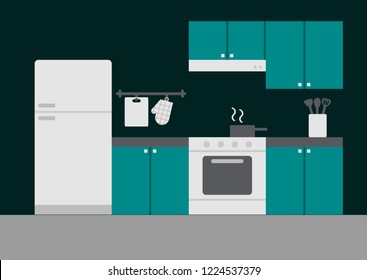 Turquoise green theme indoor kitchen and cooking equipments