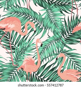 Turquoise green tropical jungle palm tree leaves. Pink exotic flamingo wading birds. Seamless pattern texture on white background.