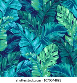 turquoise and green tropical leaves. Seamless graphic design with amazing palms. Fashion, interior, wrapping, packaging suitable. Realistic palm leaves. Vertical layout. leaves growing upwards. 
