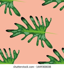 turquoise and green tropical leaves. Seamless graphic design with amazing palms. Fashion, interior, wrapping, packaging suitable. Realistic palm leaves.