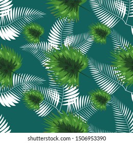 turquoise and green tropical leaves. Seamless graphic design with amazing palms.