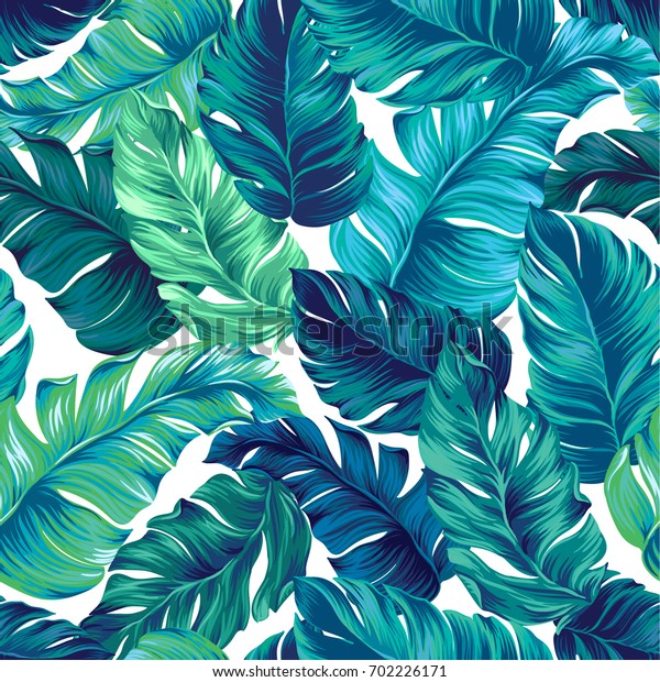 turquoise and green tropical leaves.
Seamless graphic design with amazing palms. Fashion, interior,
wrapping, packaging suitable. Realistic palm
leaves.
