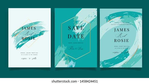 Turquoise green Wedding invitation, RSVP, thank you cards. Vector elegant rustic template. Swirls of marble or the ripples of agate. Liquid marble texture and Golden metallic. Fluid art. 