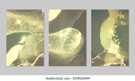 Turquoise, grey and gold pattern with texture of geode and sparkles. Abstract vector background in alcohol ink technique. Modern paint with glitter. Set of backdrops for banner, poster design