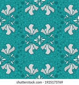 Turquoise and grey vector repeatable classic floral pattern in a symmetrical arrangement with decorative dot elements and embellishments