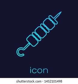 Turquoise Grilled shish kebab on skewer stick line icon isolated on blue background. Meat kebab on skewer stick. Picnic with grilled meat. Vector Illustration