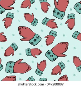Turquoise hand drawn seamless pattern with red mittens and snowflakes. Decorative vector ornamental background. Can be used for textile design, bag template, packaging.