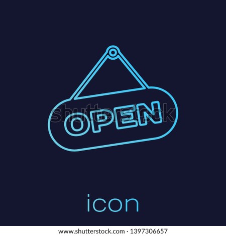 Turquoise Hanging sign with text Open door line icon isolated on blue background. Vector Illustration