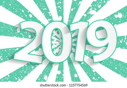 Turquoise Happy New Year 2019 vintage greeting card concept with paper cuted white numbers. Vector illustration