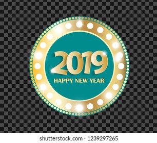 Turquoise Happy New Year 2019 greeting card concept with golden cuted numbers isolated on dark transparent background. Vector illustration