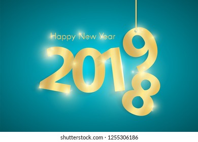 Turquoise Happy New Year 2019 concept with golden shiny paper cuted numbers on ropes. Vector illustration