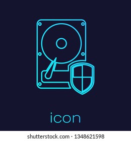Turquoise Hard disk drive (HDD) protection line icon isolated on blue background. Vector Illustration