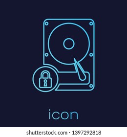 Turquoise Hard disk drive and lock line icon isolated on blue background. HHD and padlock. Security, safety, protection concept. Vector Illustration
