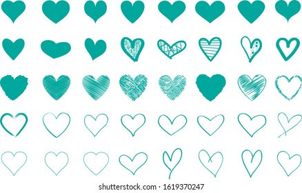 Turquoise heart contour vector. Hand drawn love icon isolated. Paint brush stroke heart icon. Hand drawn vector for love logo, heart symbol, doodle icon and Valentine's day.Painted grunge vector shape