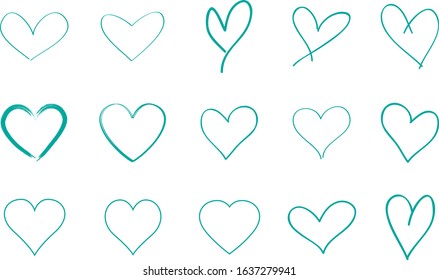 Turquoise heart contour vector. Hand drawn love icon isolated. Paint brush stroke heart icon. Hand drawn vector for love logo, heart symbol, doodle icon and Valentine's day.Painted grunge vector shape