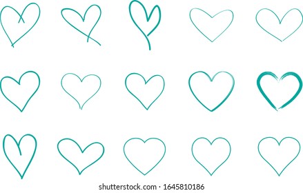 Turquoise heart contour vector. Hand drawn love icon isolated. Paint brush stroke heart icon. Hand drawn vector for love logo, heart symbol, doodle icon and Valentine's day.Painted grunge vector shape