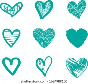 Turquoise heart vector. Hand drawn love icon isolated. Collection of heart icon hand drawn vector for love logo, heart symbol, doodle icon and Valentine's day. Painted grunge vector shape