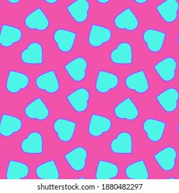 Corazones turquesa sobre fondo rosa, textura para diseño, patrón sin costura, ilustración vectorial