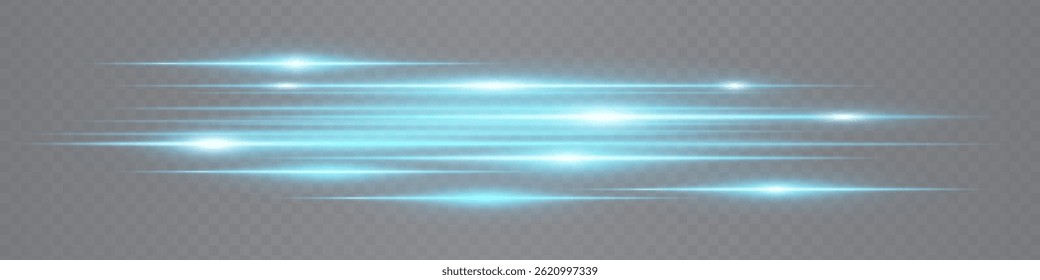 Turquoise horizontal neon lens flares isolated on transparent background. Abstract glowing streaks ideal for futuristic UI design, digital effects, tech projects. EPS vector illustration.