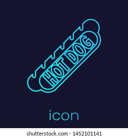 Turquoise Hotdog sandwich line icon isolated on blue background. Sausage icon. Fast food sign. Vector Illustration